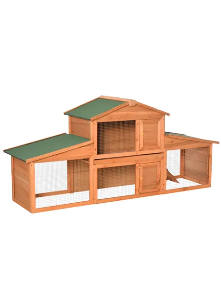 PawHut Large Rabbit Hutch Outdoor, Guinea Pig Hutch, Wooden Small Animal House, with Rabbit Run, 215 x 63 x 97 cm