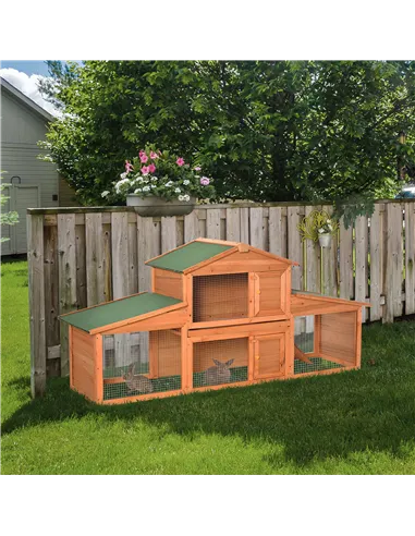 PawHut Large Rabbit Hutch Outdoor, Guinea Pig Hutch, Wooden Small Animal House, with Rabbit Run, 215 x 63 x 97 cm
