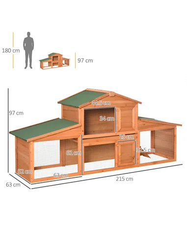 PawHut Large Rabbit Hutch Outdoor, Guinea Pig Hutch, Wooden Small Animal House, with Rabbit Run, 215 x 63 x 97 cm