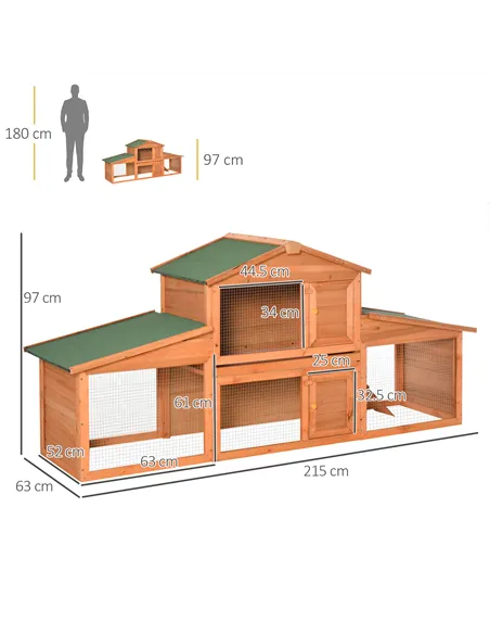 PawHut Large Rabbit Hutch Outdoor, Guinea Pig Hutch, Wooden Small Animal House, with Rabbit Run, 215 x 63 x 97 cm