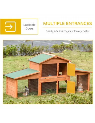 PawHut Large Rabbit Hutch Outdoor, Guinea Pig Hutch, Wooden Small Animal House, with Rabbit Run, 215 x 63 x 97 cm