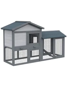 PawHut Wooden Rabbit Hutch Outdoor, Double Tier with Water-Resistant Roof, Ramp 147 x 54 x 84 cm, Grey