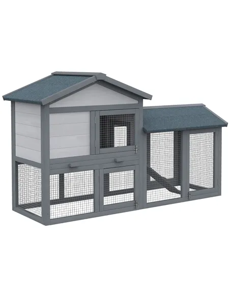 PawHut Wooden Rabbit Hutch Outdoor, Double Tier with Water-Resistant Roof, Ramp 147 x 54 x 84 cm, Grey