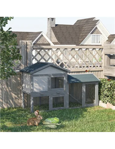 PawHut Wooden Rabbit Hutch Outdoor, Double Tier with Water-Resistant Roof, Ramp 147 x 54 x 84 cm, Grey