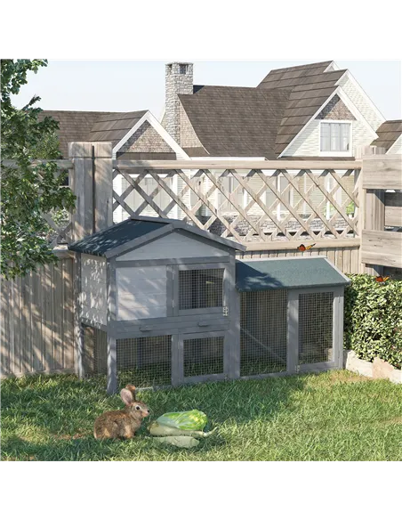 PawHut Wooden Rabbit Hutch Outdoor, Double Tier with Water-Resistant Roof, Ramp 147 x 54 x 84 cm, Grey