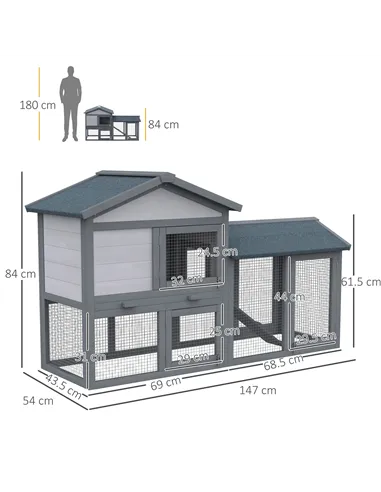 PawHut Wooden Rabbit Hutch Outdoor, Double Tier with Water-Resistant Roof, Ramp 147 x 54 x 84 cm, Grey
