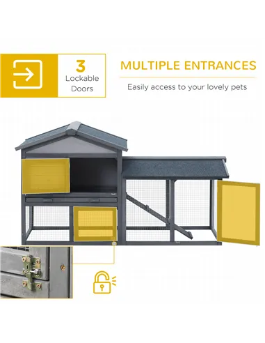 PawHut Wooden Rabbit Hutch Outdoor, Double Tier with Water-Resistant Roof, Ramp 147 x 54 x 84 cm, Grey