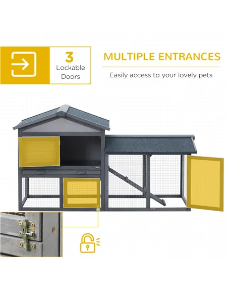 PawHut Wooden Rabbit Hutch Outdoor, Double Tier with Water-Resistant Roof, Ramp 147 x 54 x 84 cm, Grey