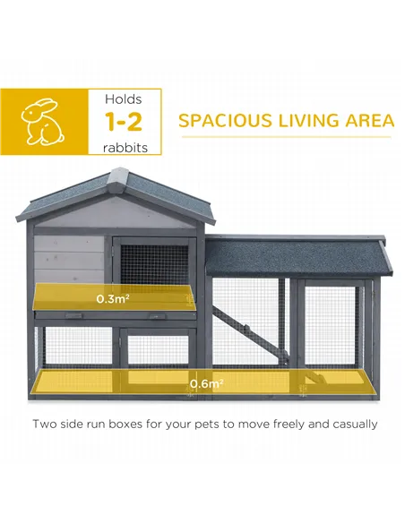 PawHut Wooden Rabbit Hutch Outdoor, Double Tier with Water-Resistant Roof, Ramp 147 x 54 x 84 cm, Grey