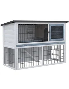 PawHut 2-Tier Wooden Rabbit Hutch Guinea Pig House Bunny Cage Backyard w/ Openable Roof Small Animal House for Outdoor Grey, 108