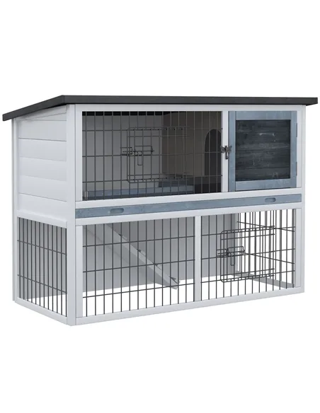 PawHut 2-Tier Wooden Rabbit Hutch Guinea Pig House Bunny Cage Backyard w/ Openable Roof Small Animal House for Outdoor Grey, 108