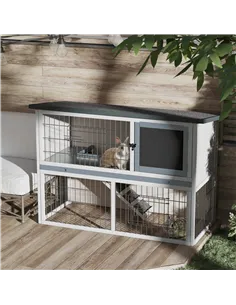 PawHut 2-Tier Wooden Rabbit Hutch Guinea Pig House Bunny Cage Backyard w/ Openable Roof Small Animal House for Outdoor Grey, 108 2