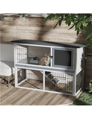 PawHut 2-Tier Wooden Rabbit Hutch Guinea Pig House Bunny Cage Backyard w/ Openable Roof Small Animal House for Outdoor Grey, 108