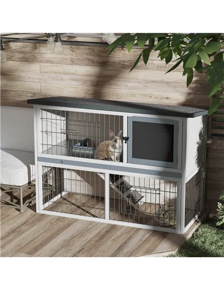 PawHut 2-Tier Wooden Rabbit Hutch Guinea Pig House Bunny Cage Backyard w/ Openable Roof Small Animal House for Outdoor Grey, 108