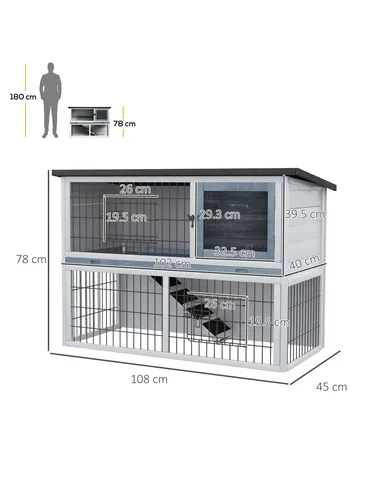 PawHut 2-Tier Wooden Rabbit Hutch Guinea Pig House Bunny Cage Backyard w/ Openable Roof Small Animal House for Outdoor Grey, 108