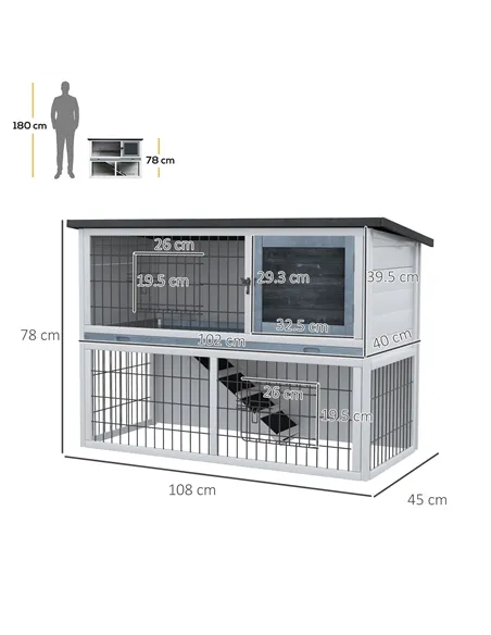 PawHut 2-Tier Wooden Rabbit Hutch Guinea Pig House Bunny Cage Backyard w/ Openable Roof Small Animal House for Outdoor Grey, 108