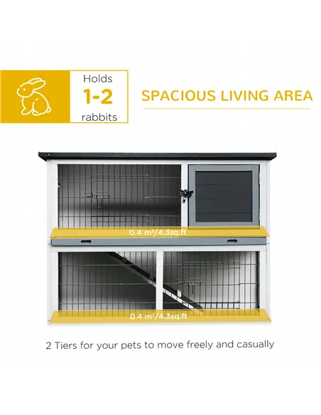 PawHut 2-Tier Wooden Rabbit Hutch Guinea Pig House Bunny Cage Backyard w/ Openable Roof Small Animal House for Outdoor Grey, 108