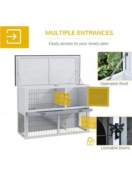 PawHut 2-Tier Wooden Rabbit Hutch Guinea Pig House Bunny Cage Backyard w/ Openable Roof Small Animal House for Outdoor Grey, 108
