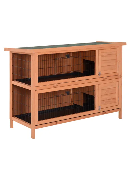 PawHut Rabbit Hutch Outdoor Guinea Pig Hutch Bunny Cage with No-Leak Trays, Divider, 136 x 50 x 93cm, Orange