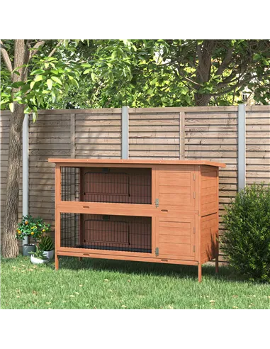 PawHut Rabbit Hutch Outdoor Guinea Pig Hutch Bunny Cage with No-Leak Trays, Divider, 136 x 50 x 93cm, Orange
