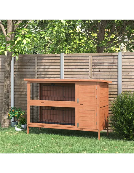 PawHut Rabbit Hutch Outdoor Guinea Pig Hutch Bunny Cage with No-Leak Trays, Divider, 136 x 50 x 93cm, Orange