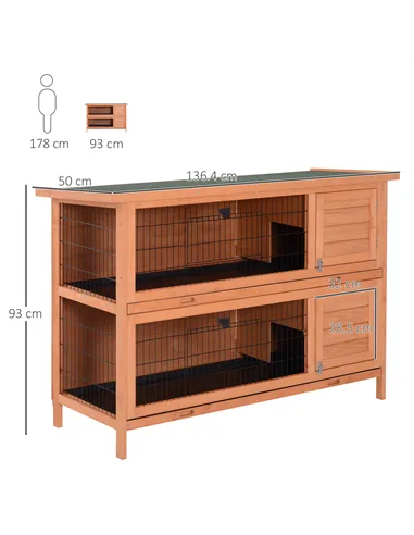 PawHut Rabbit Hutch Outdoor Guinea Pig Hutch Bunny Cage with No-Leak Trays, Divider, 136 x 50 x 93cm, Orange