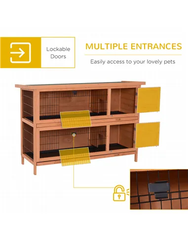 PawHut Rabbit Hutch Outdoor Guinea Pig Hutch Bunny Cage with No-Leak Trays, Divider, 136 x 50 x 93cm, Orange
