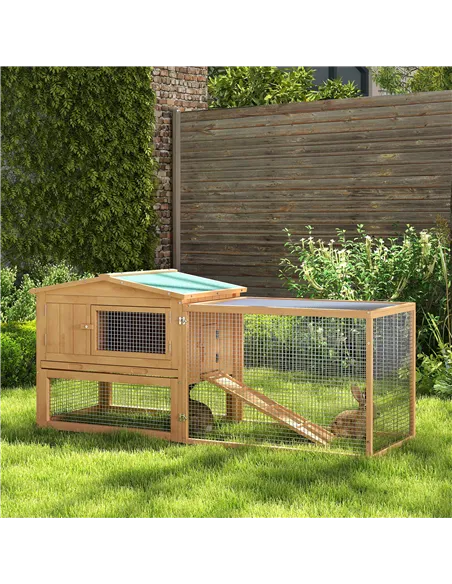Pawhut Wooden Rabbit Hutch Guinea Pig hutch House 2 Tier with Rabbit Run for Outdoor Garden Backyard, 85 x 24 x 57cm