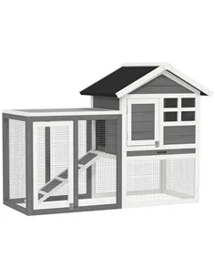 PawHut Rabbit Hutch Outdoor Wooden Guinea Pig Hutch Rabbit Run Bunny Cage Small Animal House Pull-Out Tray, Grey, 122 x 62.6 x 9