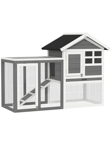 PawHut Rabbit Hutch Outdoor Wooden Guinea Pig Hutch Rabbit Run Bunny Cage Small Animal House Pull-Out Tray, Grey, 122 x 62.6 x 9