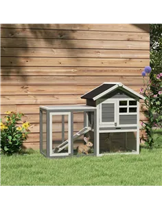 PawHut Rabbit Hutch Outdoor Wooden Guinea Pig Hutch Rabbit Run Bunny Cage Small Animal House Pull-Out Tray, Grey, 122 x 62.6 x 9 2