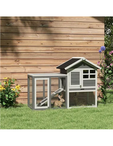 PawHut Rabbit Hutch Outdoor Wooden Guinea Pig Hutch Rabbit Run Bunny Cage Small Animal House Pull-Out Tray, Grey, 122 x 62.6 x 9
