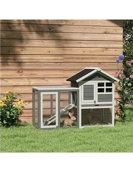 PawHut Rabbit Hutch Outdoor Wooden Guinea Pig Hutch Rabbit Run Bunny Cage Small Animal House Pull-Out Tray, Grey, 122 x 62.6 x 9