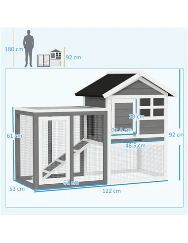 PawHut Rabbit Hutch Outdoor Wooden Guinea Pig Hutch Rabbit Run Bunny Cage Small Animal House Pull-Out Tray, Grey, 122 x 62.6 x 9