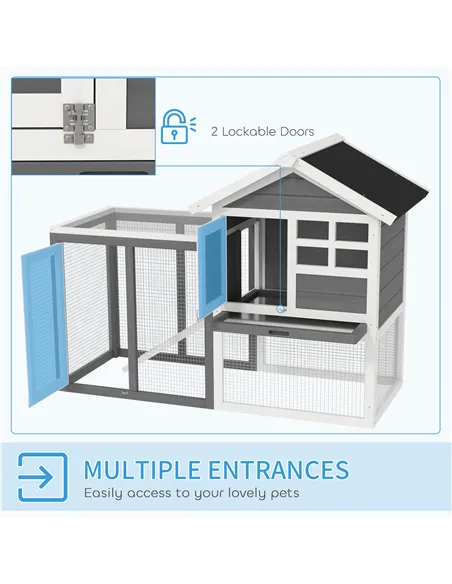 PawHut Rabbit Hutch Outdoor Wooden Guinea Pig Hutch Rabbit Run Bunny Cage Small Animal House Pull-Out Tray, Grey, 122 x 62.6 x 9