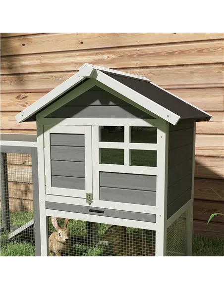 PawHut Rabbit Hutch Outdoor Wooden Guinea Pig Hutch Rabbit Run Bunny Cage Small Animal House Pull-Out Tray, Grey, 122 x 62.6 x 9