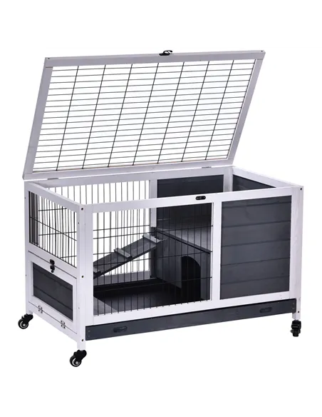 PawHut Wooden Guinea Pig Hutch, 2-Floor Bunny Cage w/ Enclosed Run Area, Grey