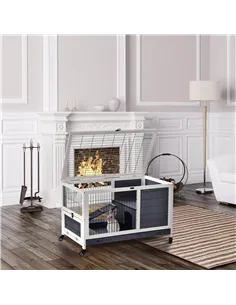 PawHut Wooden Guinea Pig Hutch, 2-Floor Bunny Cage w/ Enclosed Run Area, Grey 2