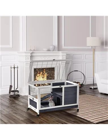 PawHut Wooden Guinea Pig Hutch, 2-Floor Bunny Cage w/ Enclosed Run Area, Grey