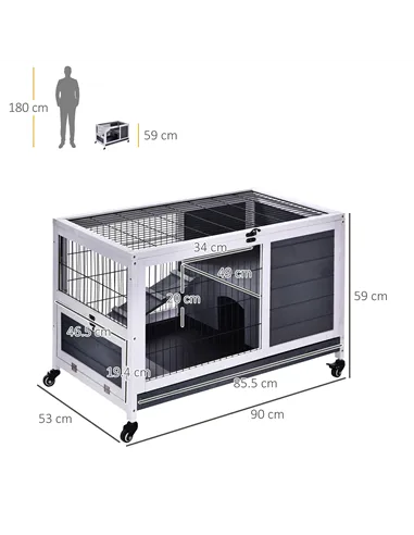 PawHut Wooden Guinea Pig Hutch, 2-Floor Bunny Cage w/ Enclosed Run Area, Grey