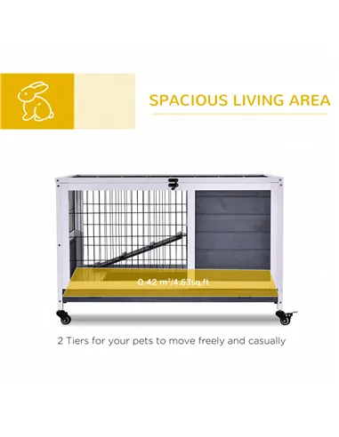 PawHut Wooden Guinea Pig Hutch, 2-Floor Bunny Cage w/ Enclosed Run Area, Grey