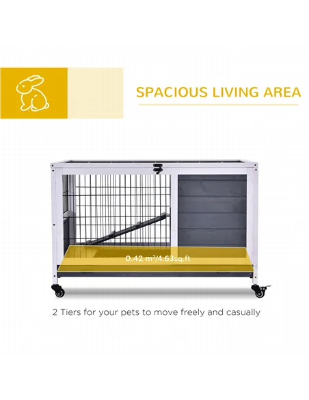 PawHut Wooden Guinea Pig Hutch, 2-Floor Bunny Cage w/ Enclosed Run Area, Grey