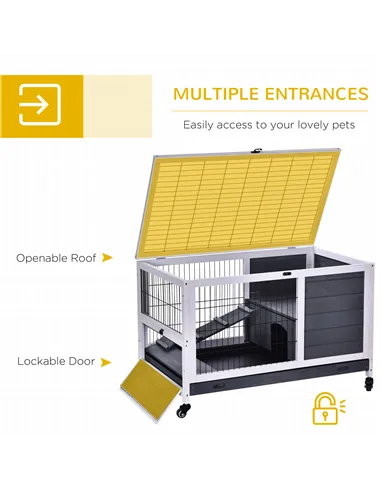 PawHut Wooden Guinea Pig Hutch, 2-Floor Bunny Cage w/ Enclosed Run Area, Grey