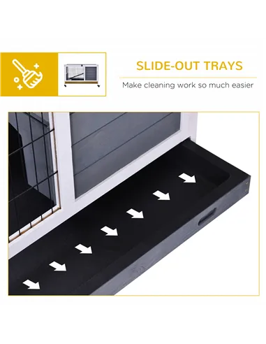 PawHut Wooden Guinea Pig Hutch, 2-Floor Bunny Cage w/ Enclosed Run Area, Grey