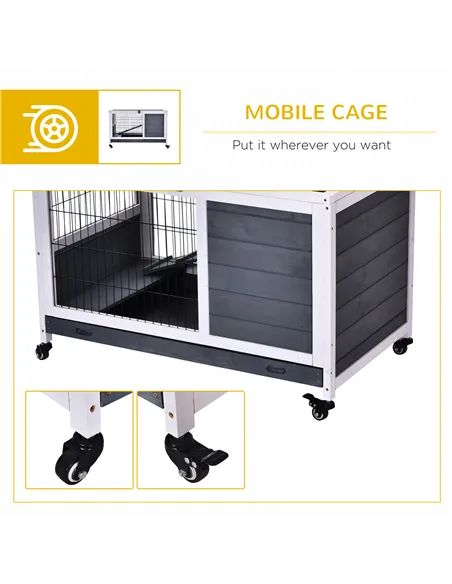PawHut Wooden Guinea Pig Hutch, 2-Floor Bunny Cage w/ Enclosed Run Area, Grey
