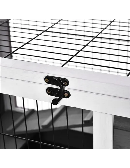 PawHut Wooden Guinea Pig Hutch, 2-Floor Bunny Cage w/ Enclosed Run Area, Grey