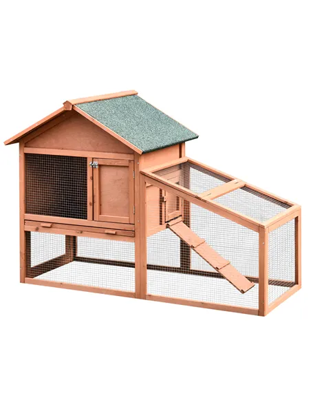PawHut 2 Tier Rabbit Hutch Outdoor, Guinea Pig Hutch, Solid Wood Bunny House, Water Resistant Asphalt Roof Ramp Sliding tray 144