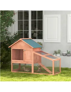 PawHut 2 Tier Rabbit Hutch Outdoor, Guinea Pig Hutch, Solid Wood Bunny House, Water Resistant Asphalt Roof Ramp Sliding tray 144 2