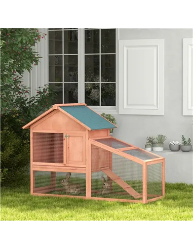 PawHut 2 Tier Rabbit Hutch Outdoor, Guinea Pig Hutch, Solid Wood Bunny House, Water Resistant Asphalt Roof Ramp Sliding tray 144