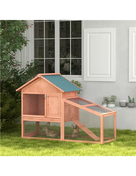 PawHut 2 Tier Rabbit Hutch Outdoor, Guinea Pig Hutch, Solid Wood Bunny House, Water Resistant Asphalt Roof Ramp Sliding tray 144